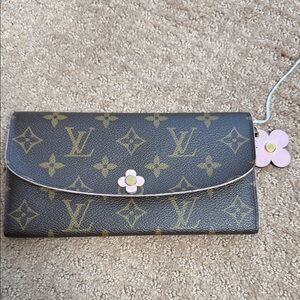 Louis Vuitton Black and Gold Monogram Wallet with Pink Flower Charm
